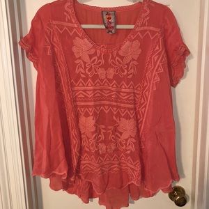 Johnny Was Orange Embroidered Flowy Shirt